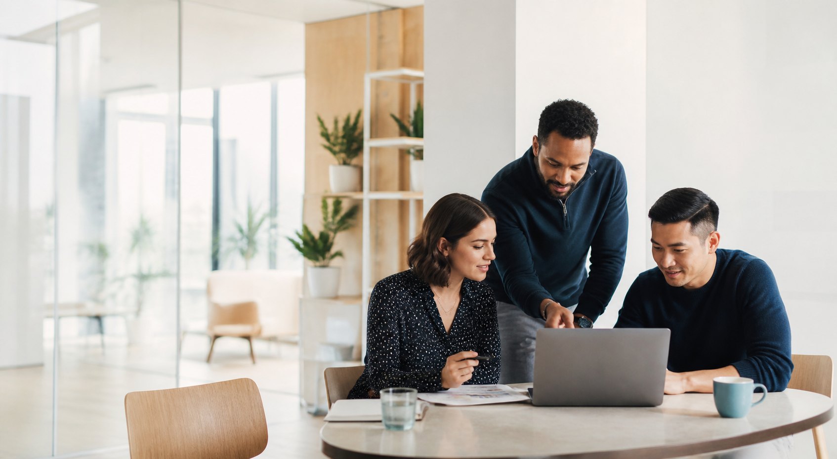 A small sales team reviewing prospect research together